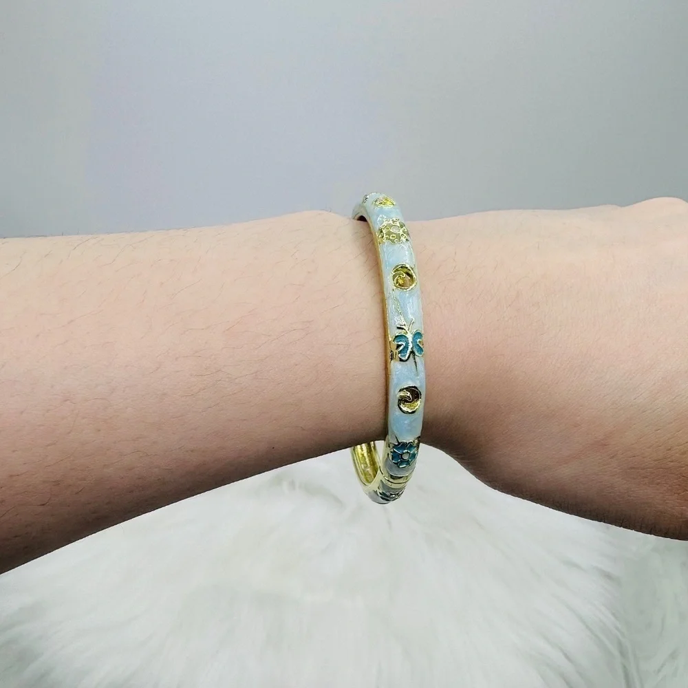 Blue Butterfly & Floral Theme Enamel Hollow Out Cloisonne  Bangle